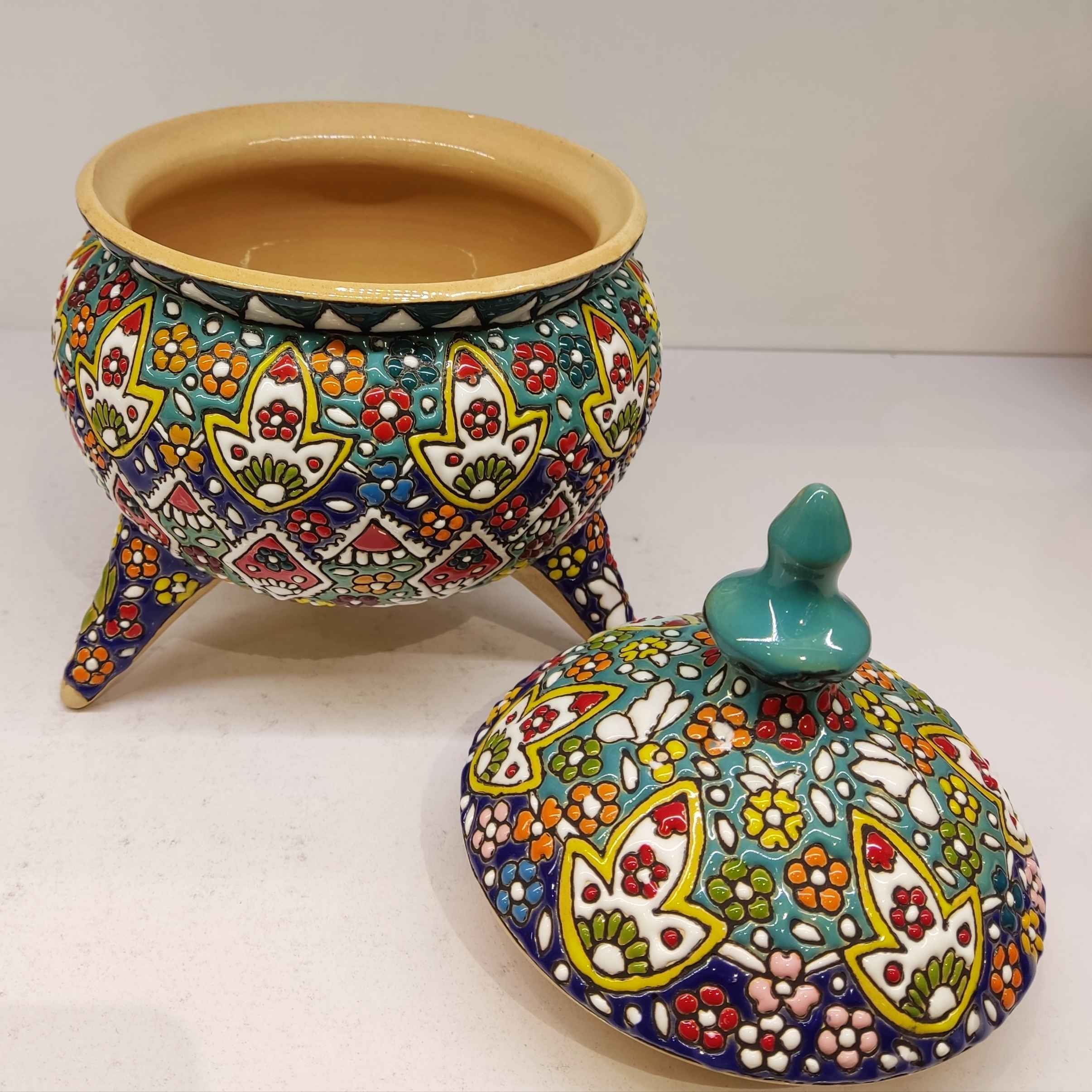Handcrafted Persian Pottery Sugar Bowl with Lid – Minakari Enameled Artistic Art