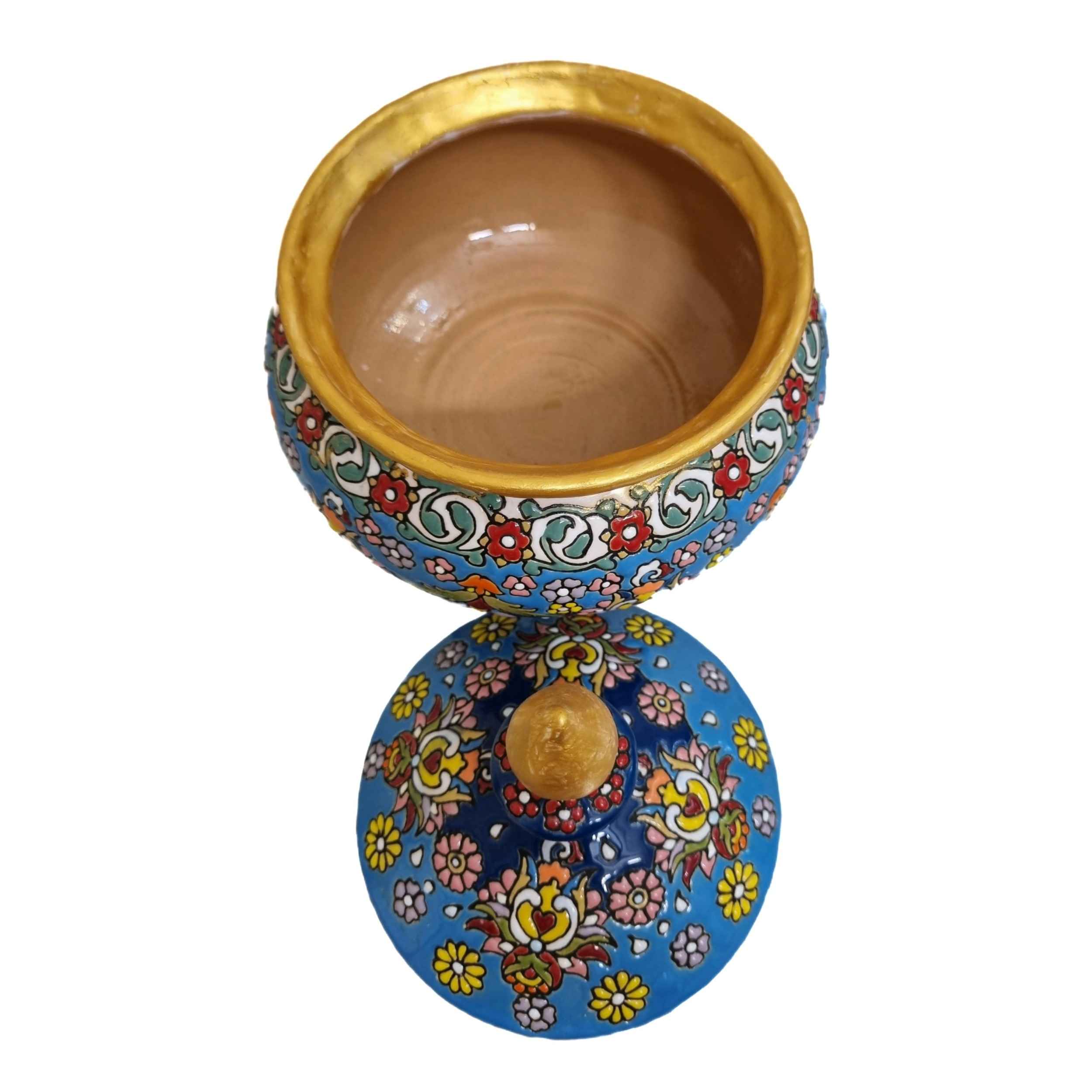 Handcrafted Persian Pottery Sugar Bowl with Lid – Minakari Enameled Artistic Elegance