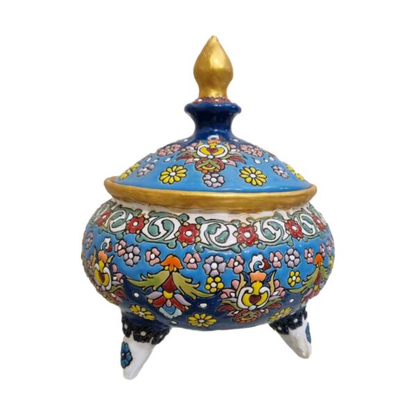 Handcrafted Persian Pottery Sugar Bowl with Lid - Minakari Enameled Artistic Elegance