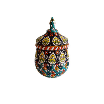 Handcrafted Persian Pottery Sugar Bowl with Lid – Minakari Enameled Kreshmeh