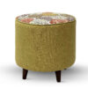 Round Footstool Floral Green with Wooden Legs