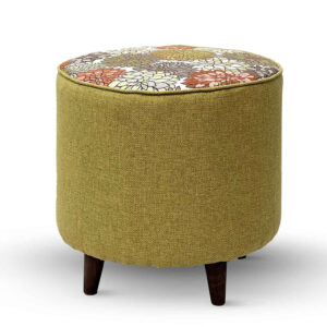 Round Footstool Floral Green with Wooden Legs