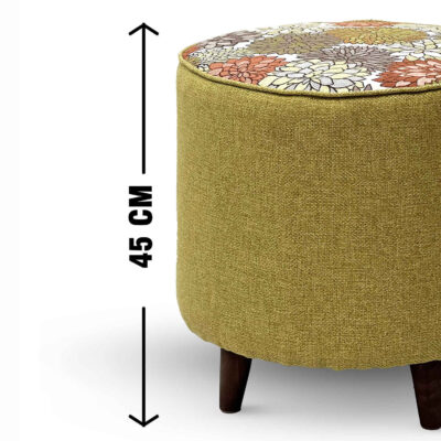 Round Footstool Floral Green with Wooden Legs