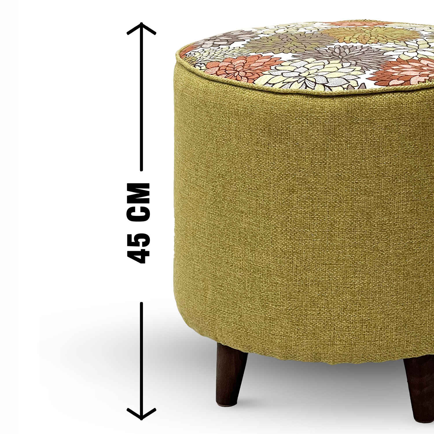 Round Footstool Floral Green with Wooden Legs