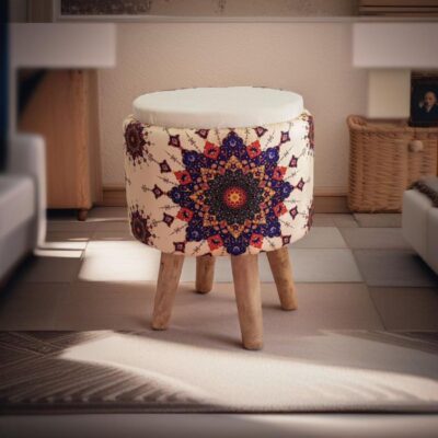 Round Velvet Footstool with Wooden Legs and Cream Color for Bedroom