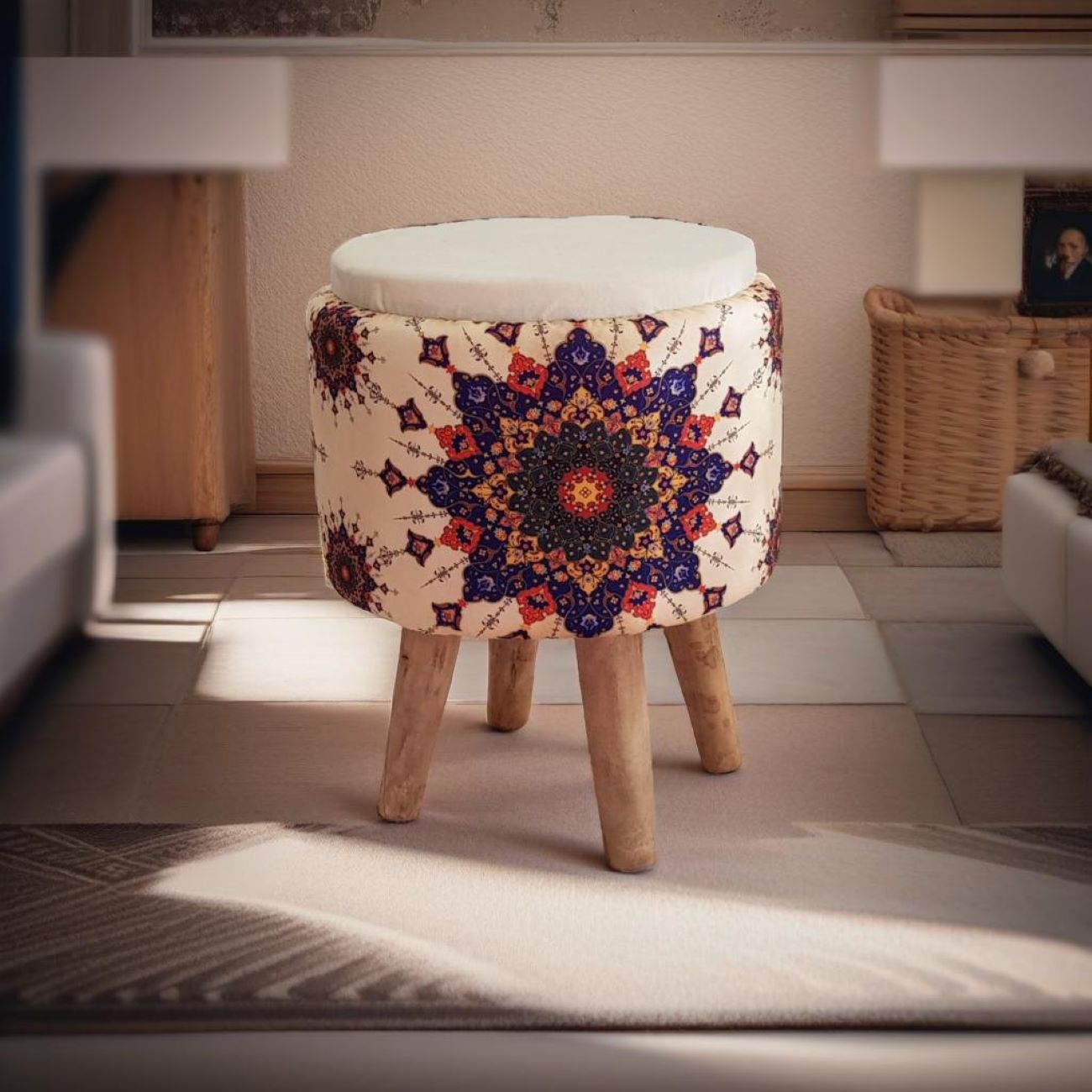 Round Velvet Footstool with Wooden Legs and Cream Color for Bedroom