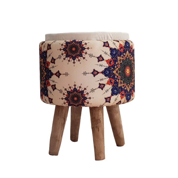 Round Velvet Footstool with Wooden Legs and Cream Color for Bedroom