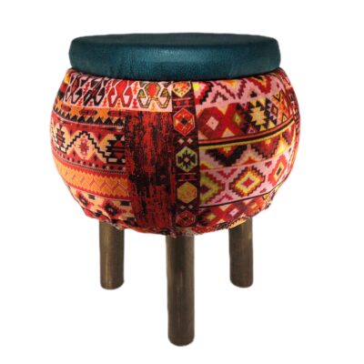 Velvet Footstool with Wooden Legs Inspired by Persian Art Round and with Red Color