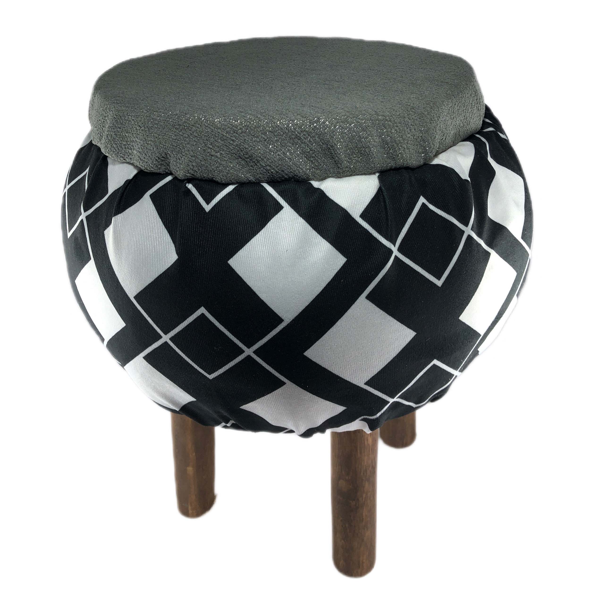 Round Velvet Footstool with Wooden Legs