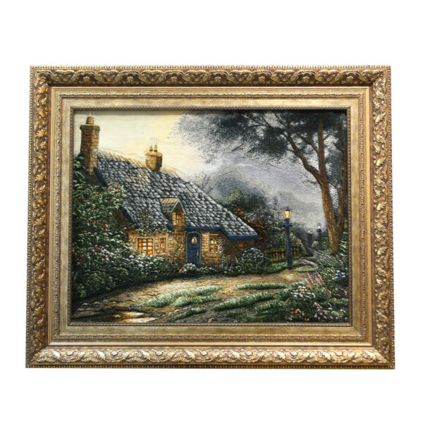 Hand-Knotted Persian Pictorial Rug from Tabriz Depicting Thomas Kinkade Foxglove Cottage