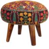 Traditional Red Persian Footstool with Wooden Legs and Velvet Fabric Floral