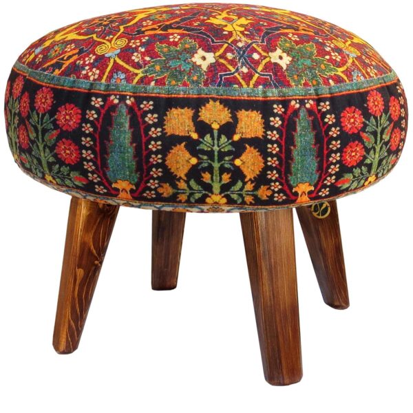 Traditional Red Persian Footstool with Wooden Legs and Velvet Fabric Floral