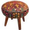 Traditional Red Persian Footstool with Wooden Legs and Velvet Fabric Floral