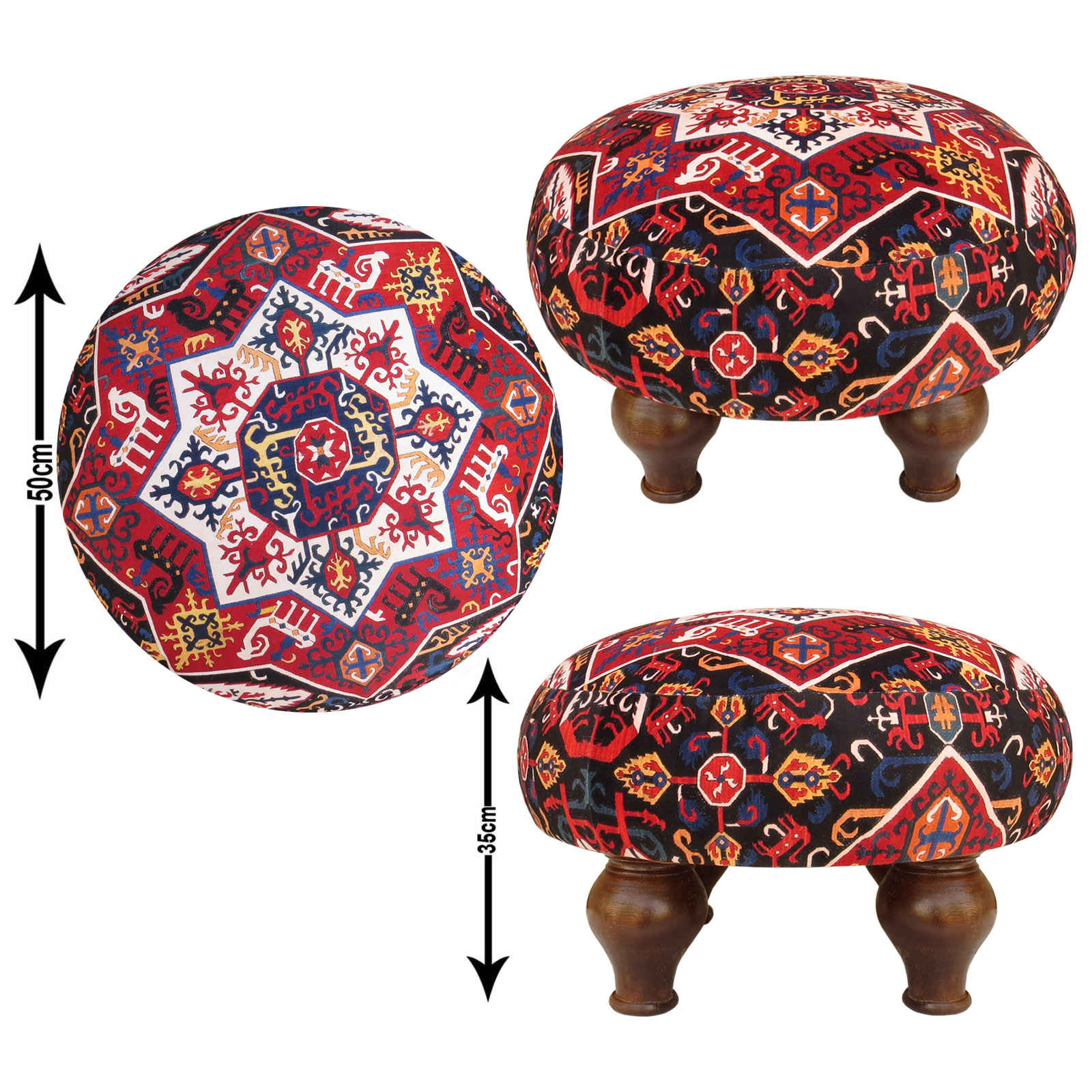 Traditional Red Persian Footstool with Wooden Legs and Velvet Fabric