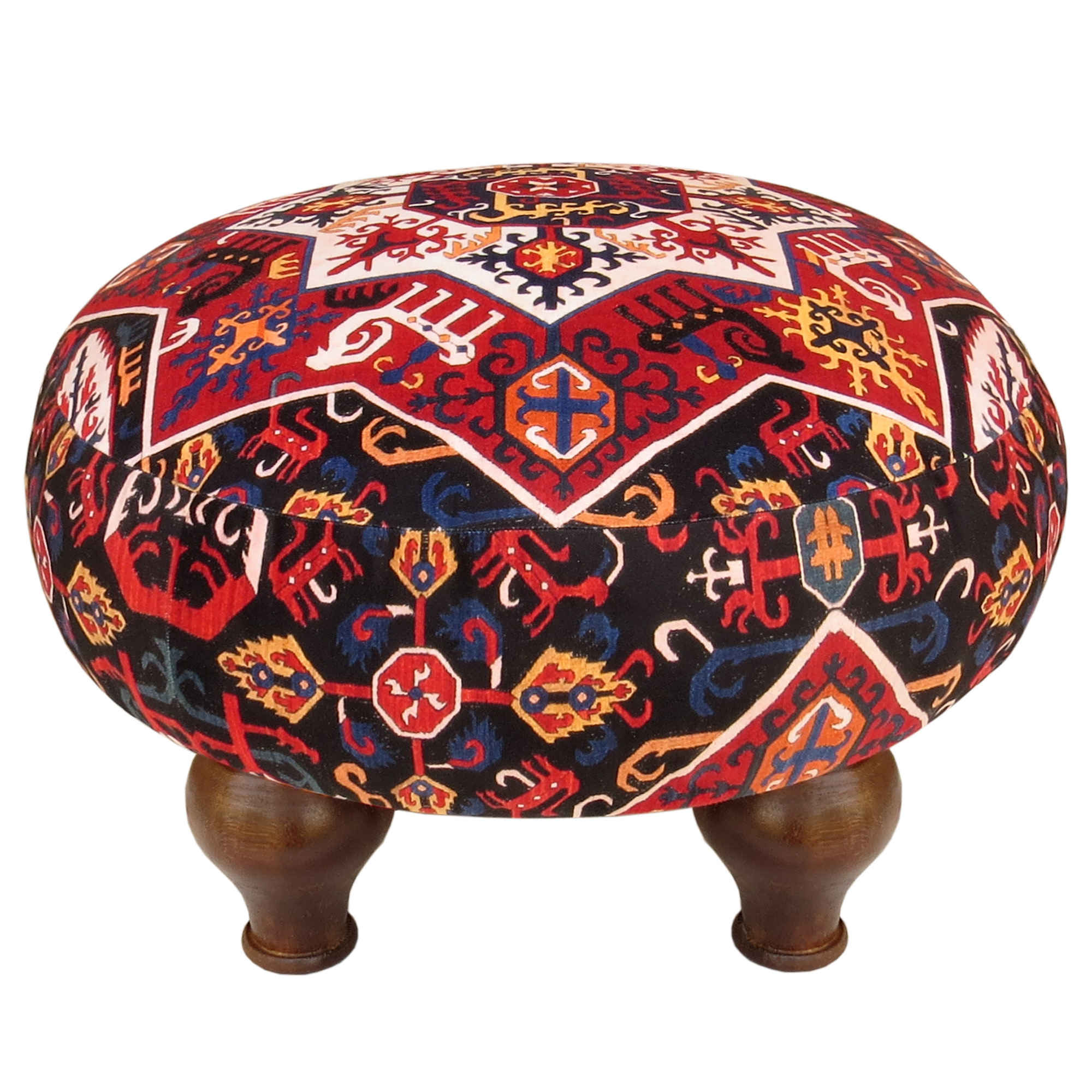 Traditional Red Persian Footstool with Wooden Legs and Velvet Fabric