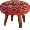 Traditional Red Persian Footstool with Wooden Legs and Velvet Fabric Artistic