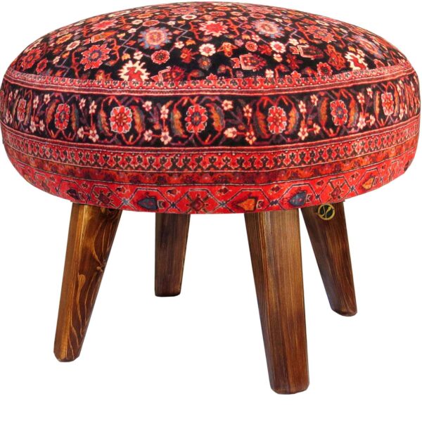 Traditional Red Persian Footstool with Wooden Legs and Velvet Fabric Artistic