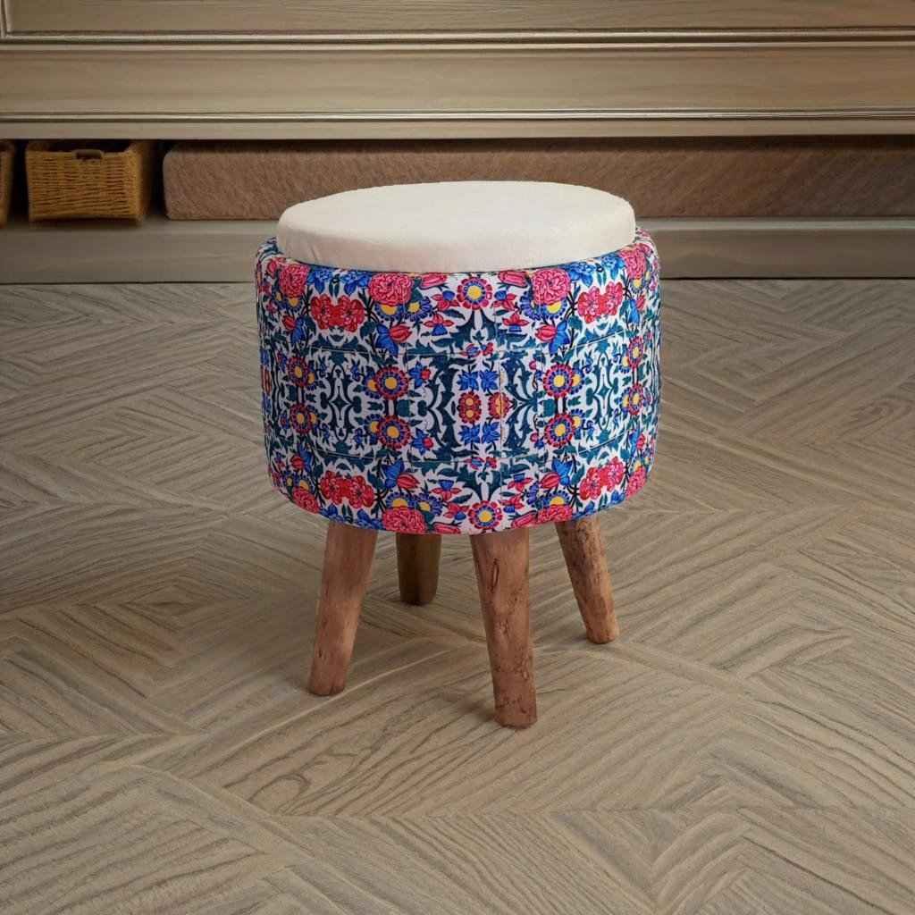 Round Velvet Footstool with Wooden Legs and Persian Floral Design Blue