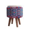 Round Velvet Footstool with Wooden Legs and Persian Floral Design Blue