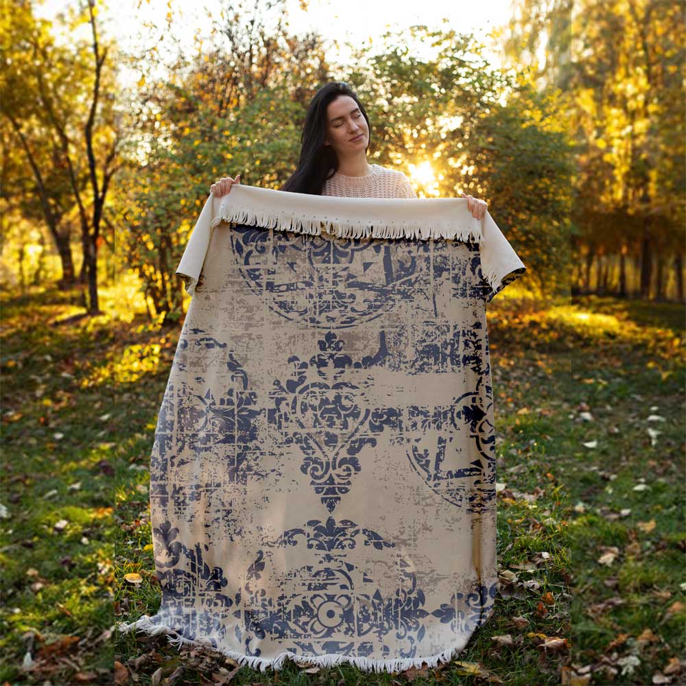 Velvet Throw Soft & Light for Sofa Cream Vintage Print