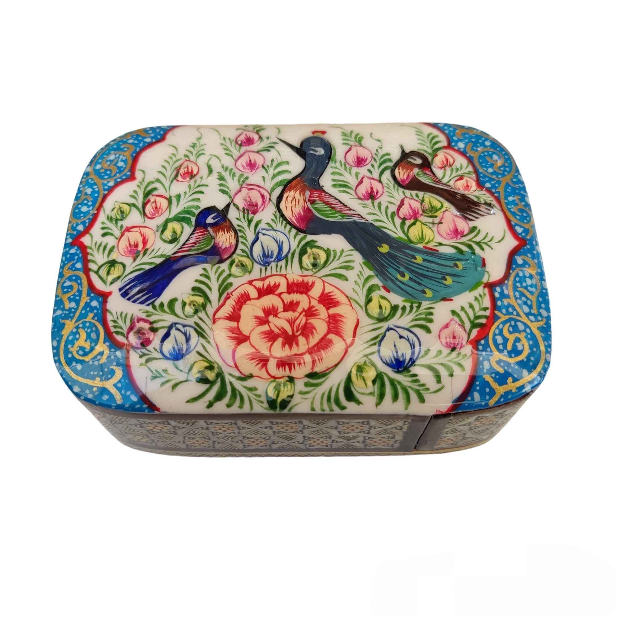 Persian Wooden Playing Card Box - Khatam Enameled Birds & Flowers
