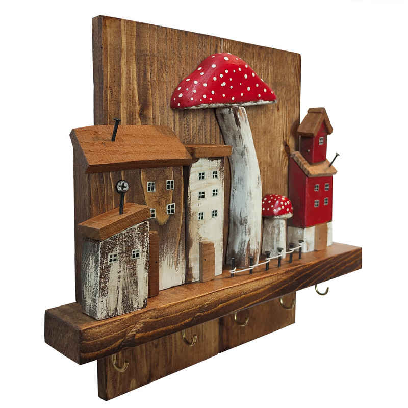 Decorative & Handcrafted Wall Key Holder with Cottage & Mushroom Design