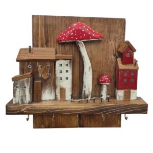 Wooden Wall Key Holder with Cottage & Mushroom Design