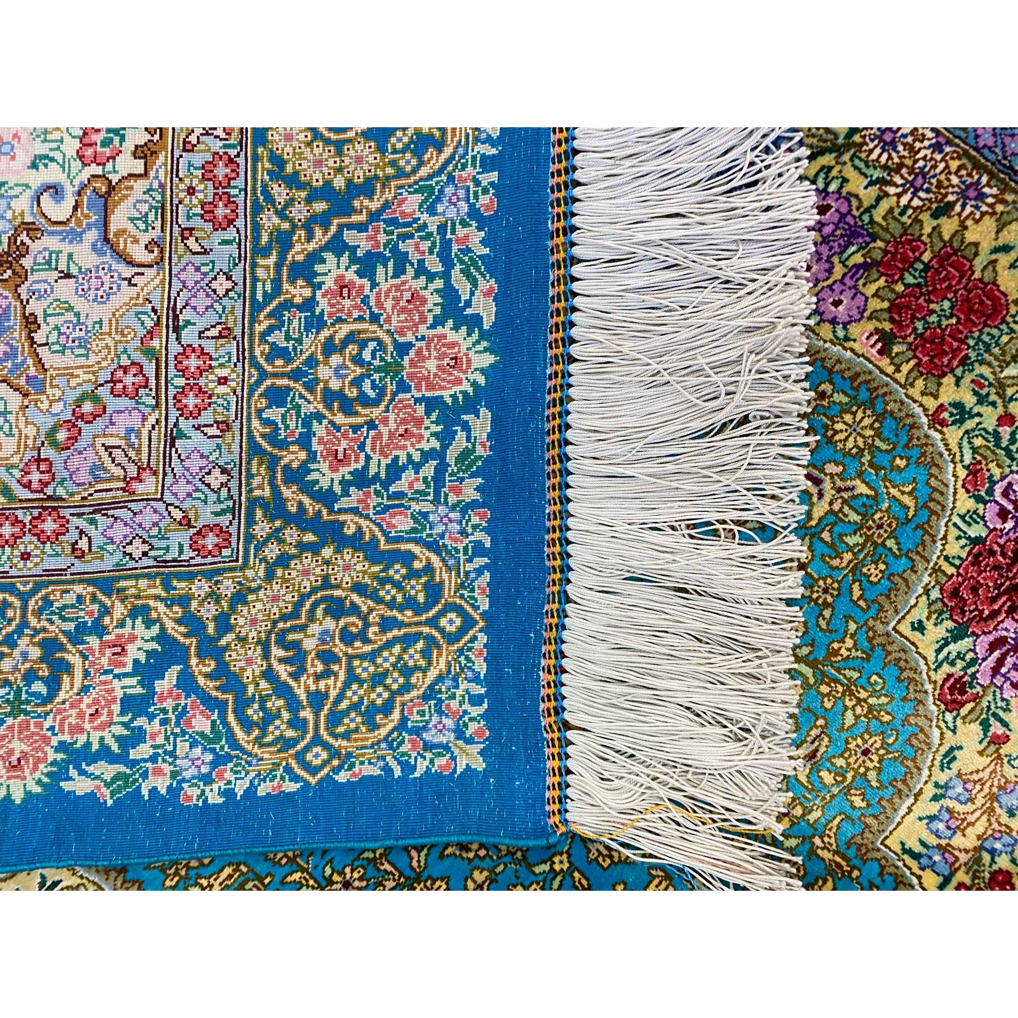 Authentic Persian Silk Carpet Hand-Knotted in Qom Lachak Toranj