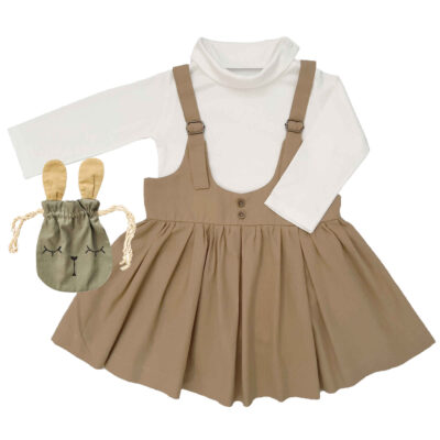 Girl’s Pinafore Overall Dress Set with a Mini Rabbit Design Bag