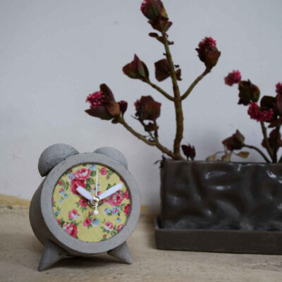 Handmade Concrete Twin Bell Clock with Fabric Floral Round