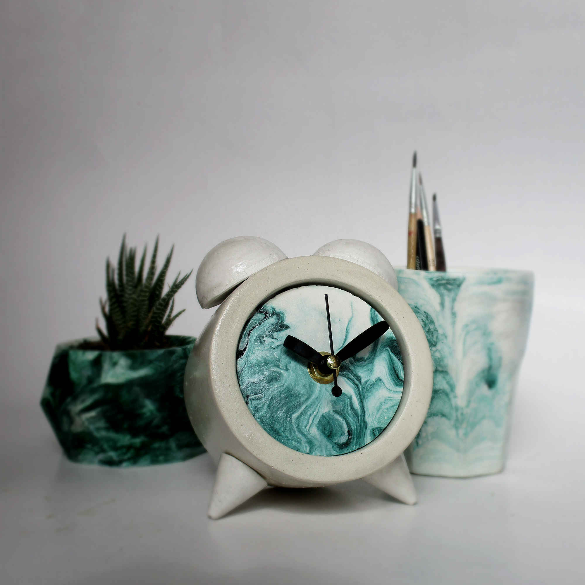 Handmade Concrete Twin Bell Clock with Marble Design