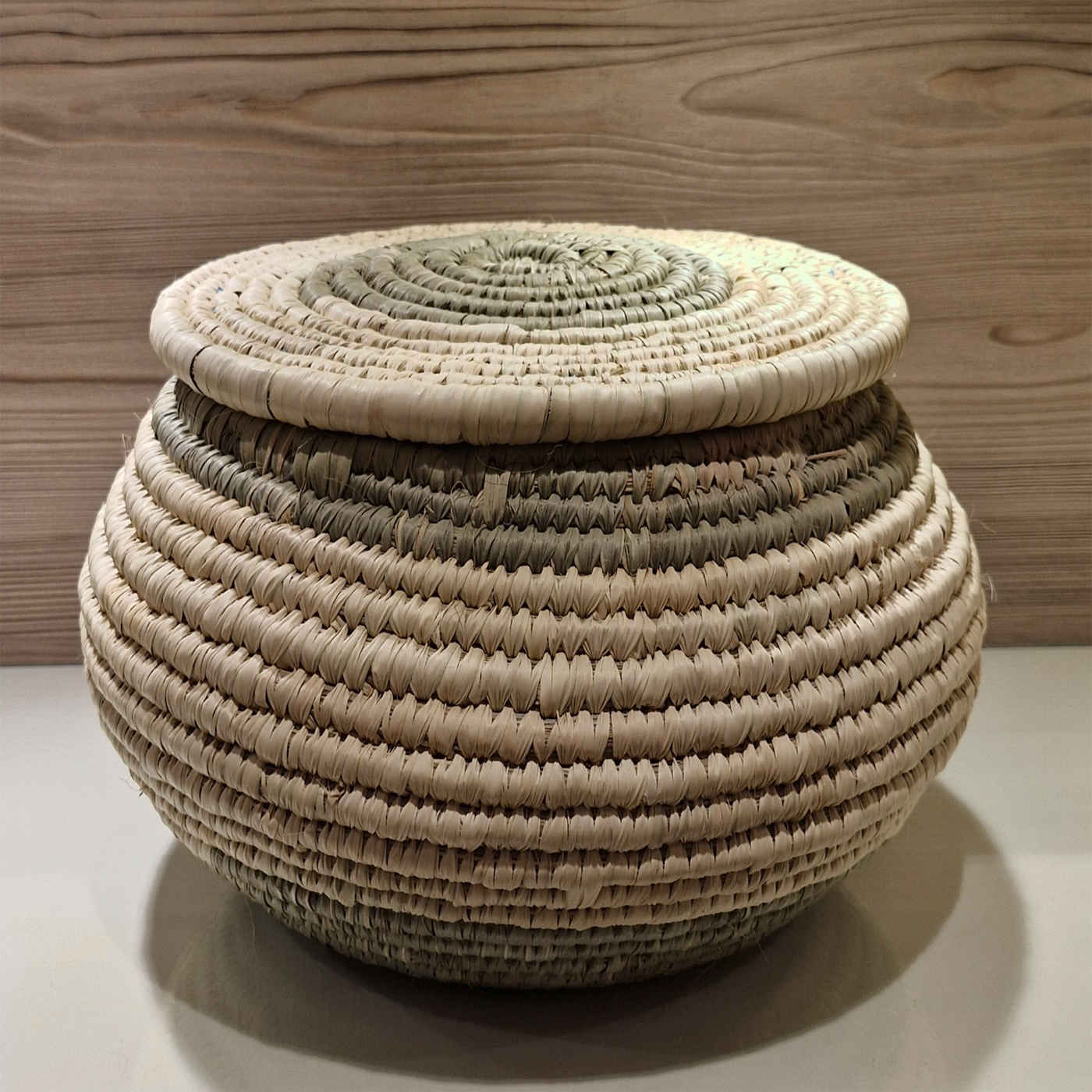 Persian Handwoven Palm Leaf Storage Basket with Round Lid
