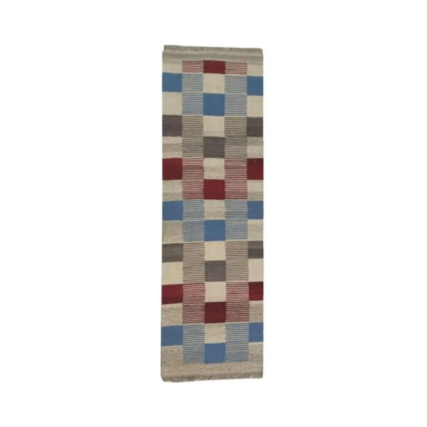 Original Persian Wool Kilim Rug Handwoven Checkered Cream