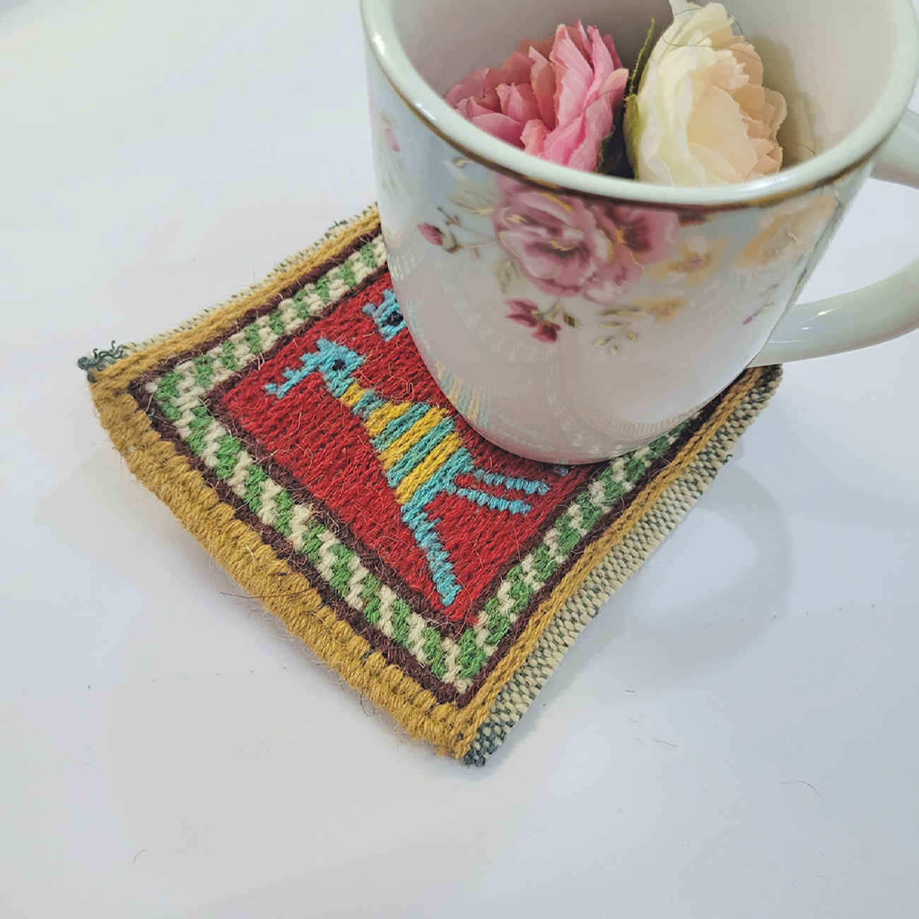 Handwoven Persian Kilim Coaster with Hoopoe Design