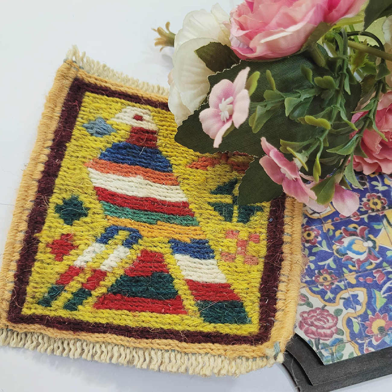 Handwoven Persian Kilim Coaster for Table Decor