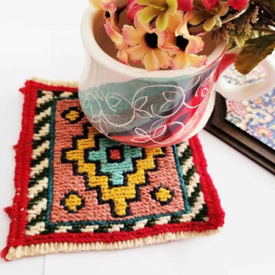 Handwoven Persian Kilim Coaster with Diamond Yellow