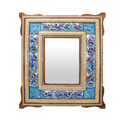 Persian Wooden Mirror Frame – Khatamkari Peacock & Floral Motifs
