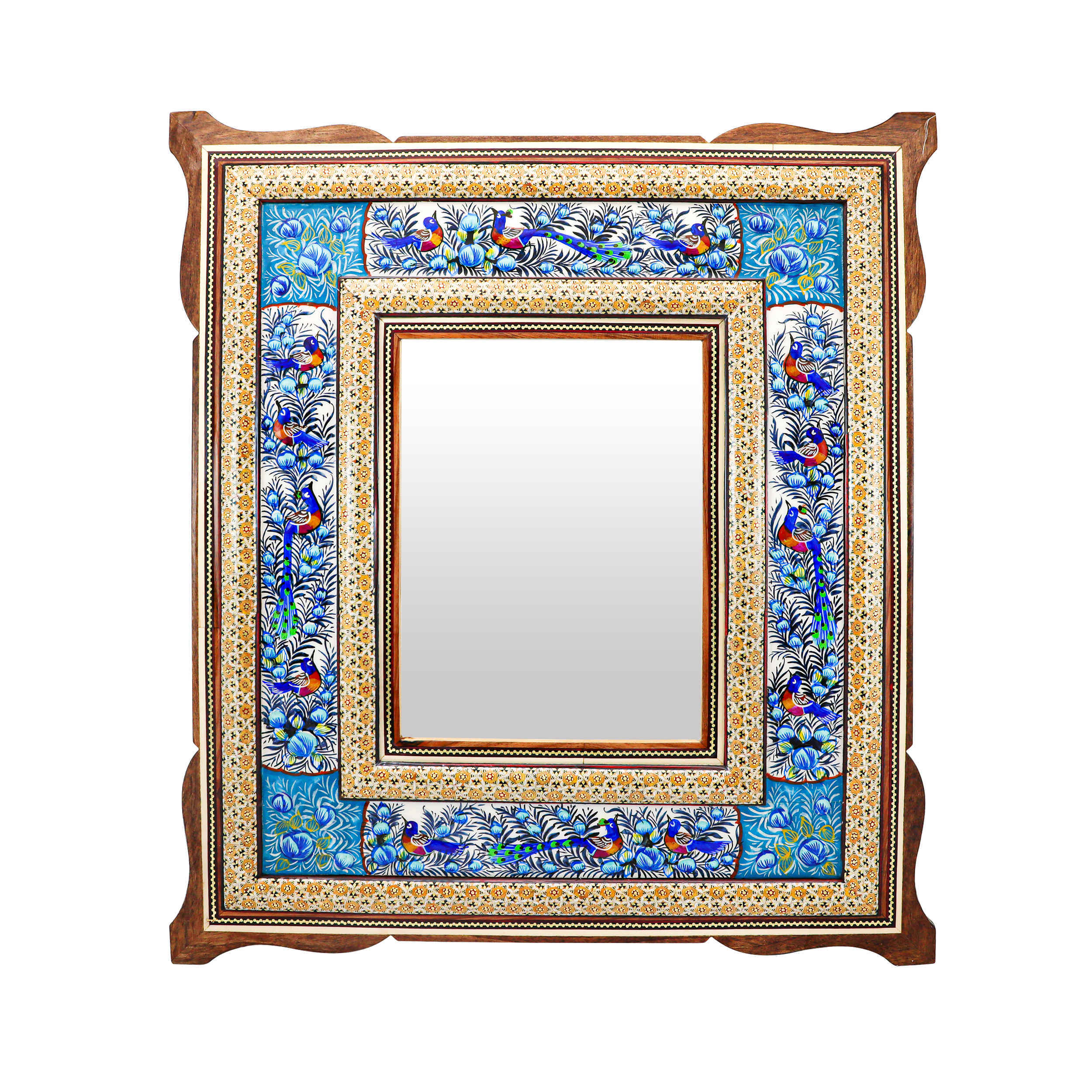 Persian Wooden Mirror Frame – Khatamkari Peacock & Floral Motifs