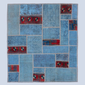 Persian Patchwork Rug Hand-Knotted Geometric Blue