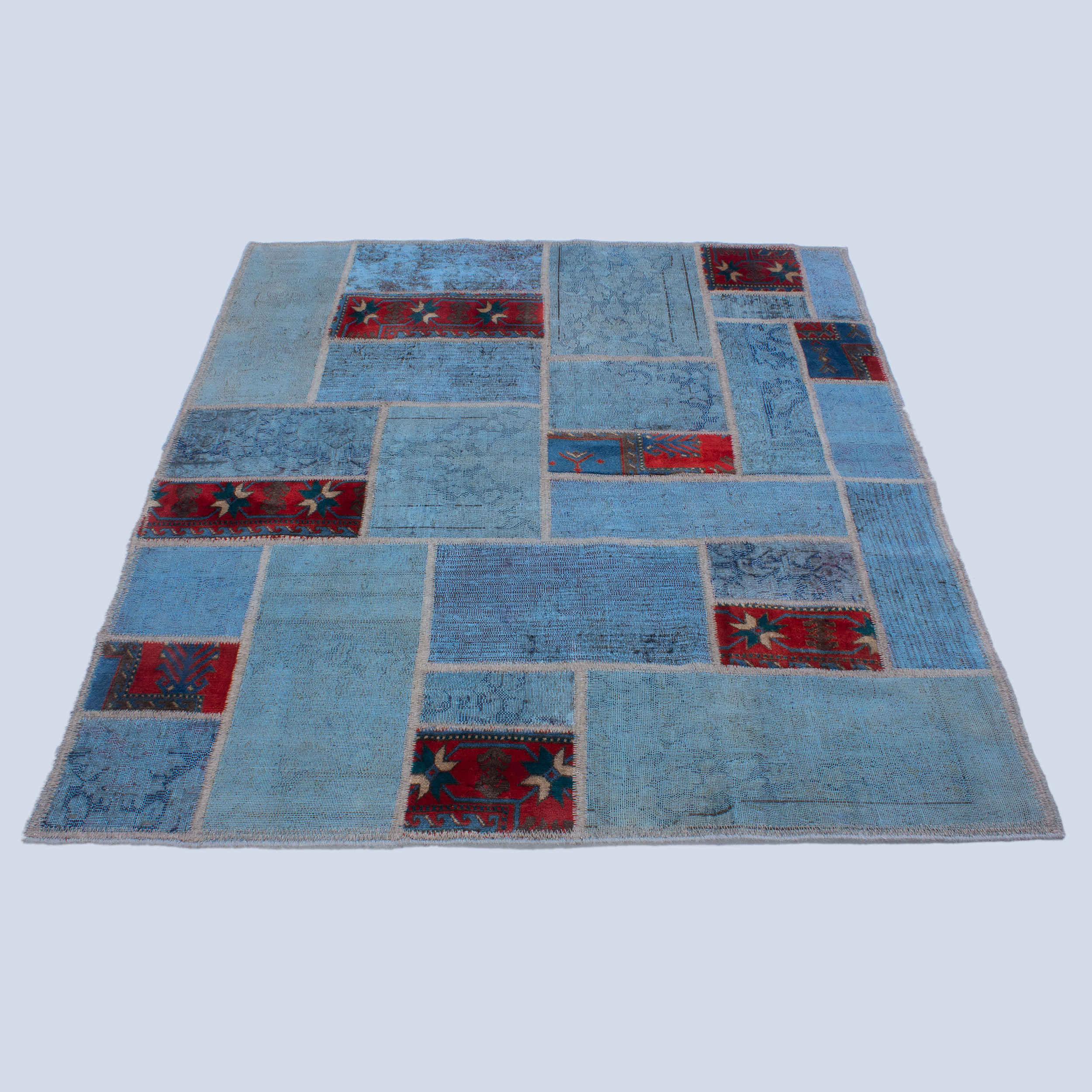 Persian Hand-Knotted Patchwork Carpet Geometric Blue