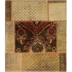 Persian Patchwork Rug Hand-Knotted Geometric Brown