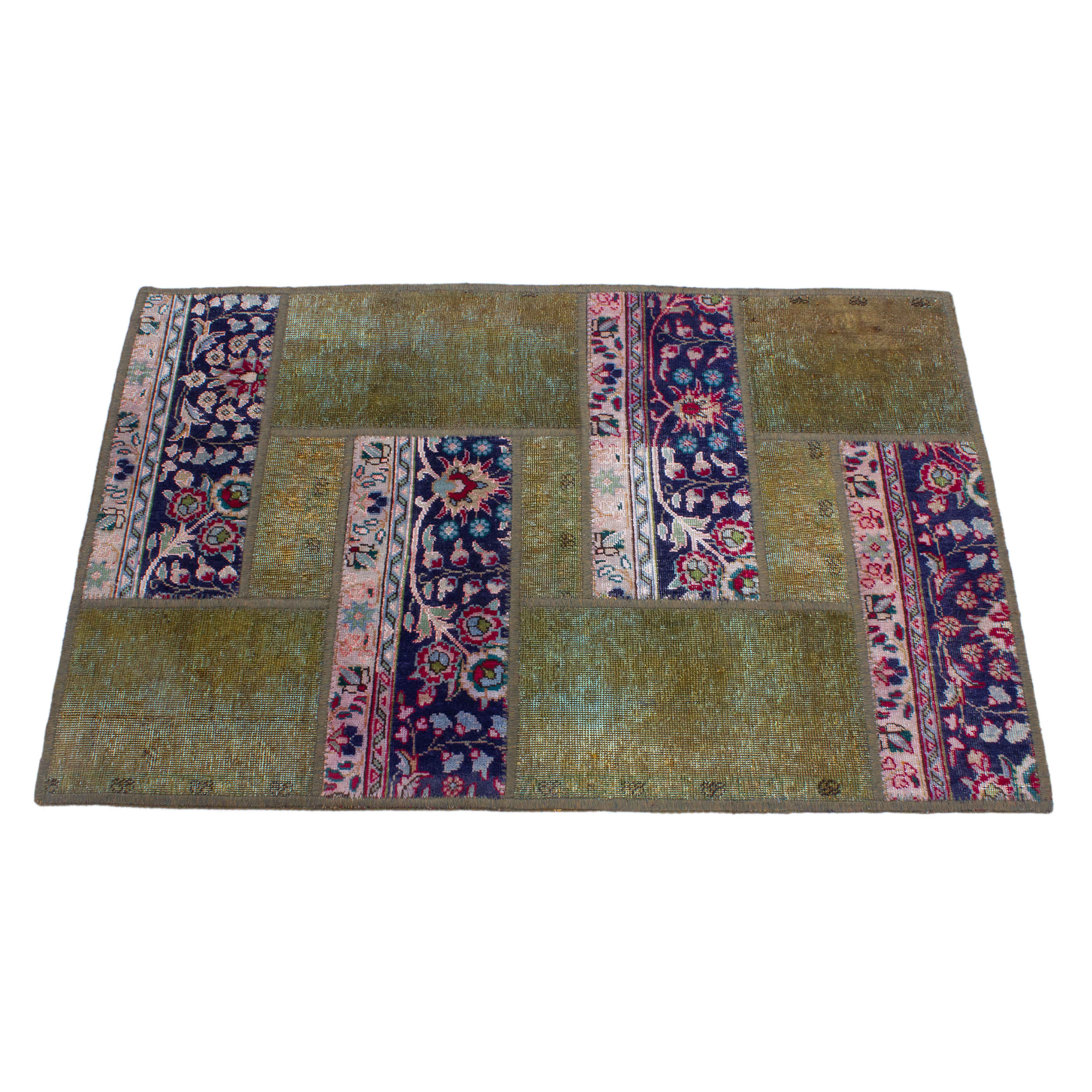 Vintage Persian Hand-Knotted Patchwork Carpet Geometric Green