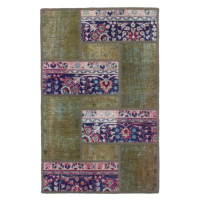 Vintage Persian Hand-Knotted Patchwork Carpet Geometric Green