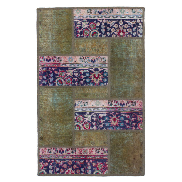 Vintage Persian Hand-Knotted Patchwork Carpet Geometric Green