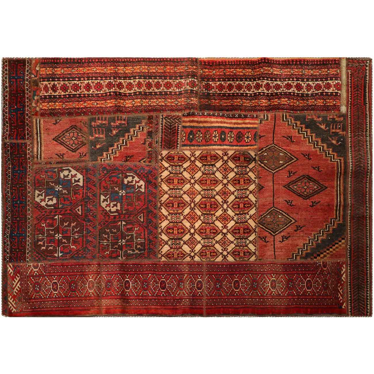 Vintage Persian Hand-Knotted Patchwork Carpet Geometric Red