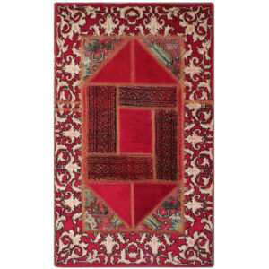 Persian Patchwork Rug Hand-Knotted Geometric Red