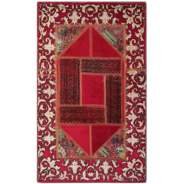 Vintage Persian Hand-Knotted Patchwork Carpet Geometric Red