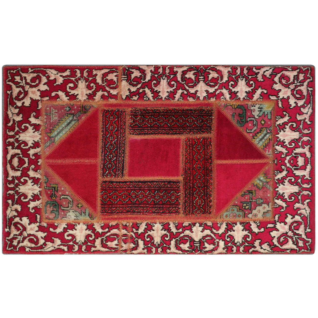 Vintage Persian Hand-Knotted Patchwork Carpet Geometric Red