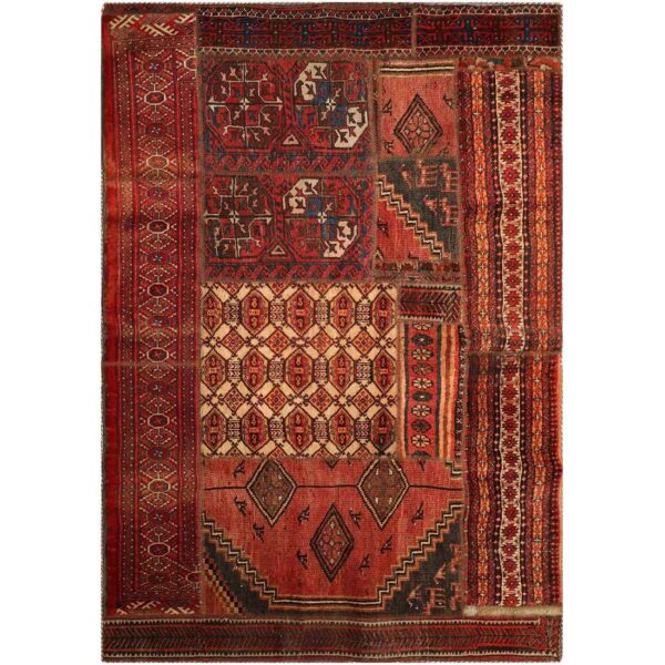 Vintage Persian Hand-Knotted Patchwork Carpet Geometric Red