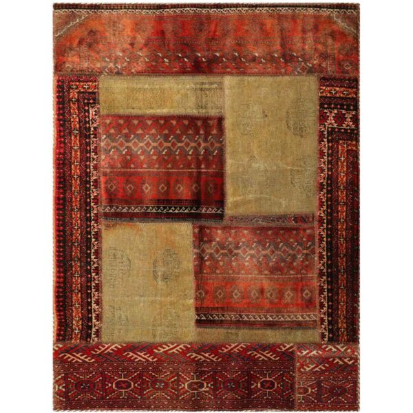 Vintage Persian Hand-Knotted Patchwork Carpet Geometric Red